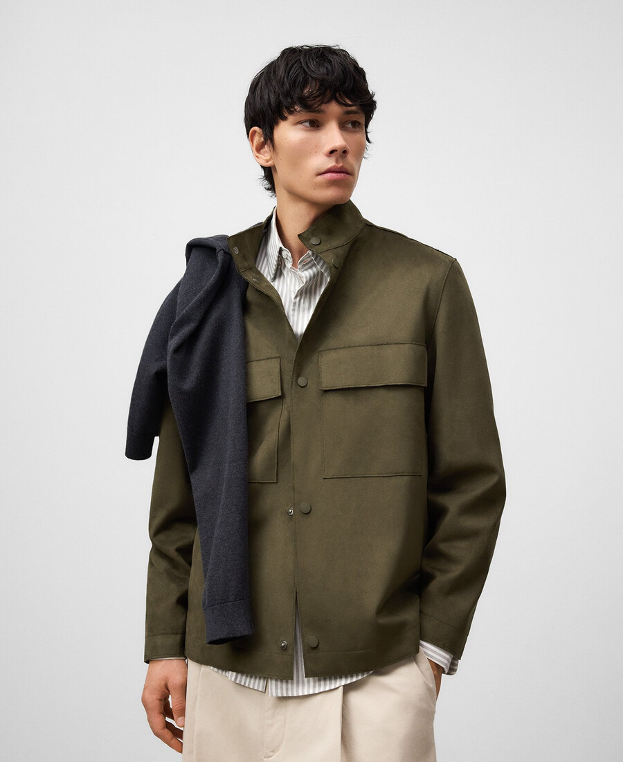 chaqueta de ante sintético con cuello mao para hombre