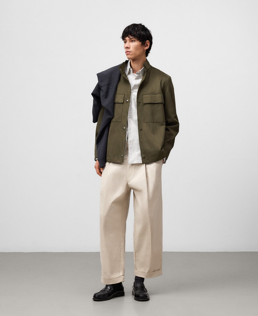 chaqueta de ante sintético con cuello mao para hombre