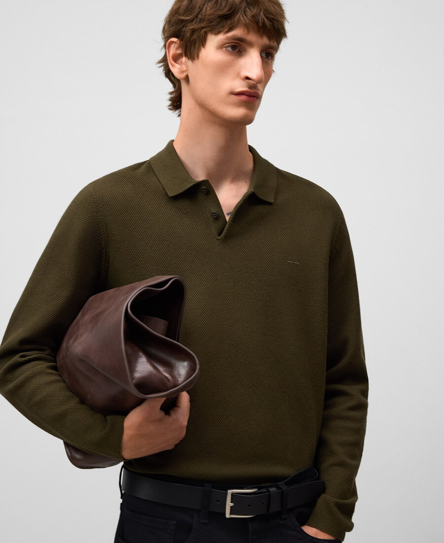 polo de manga larga de punto estructurado para hombre