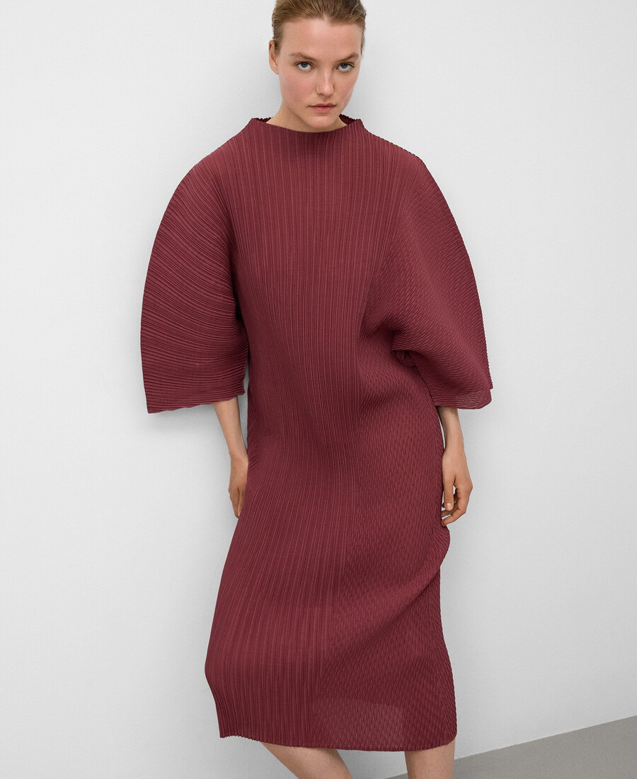 vestido arrugado con cuello perkins para mujer