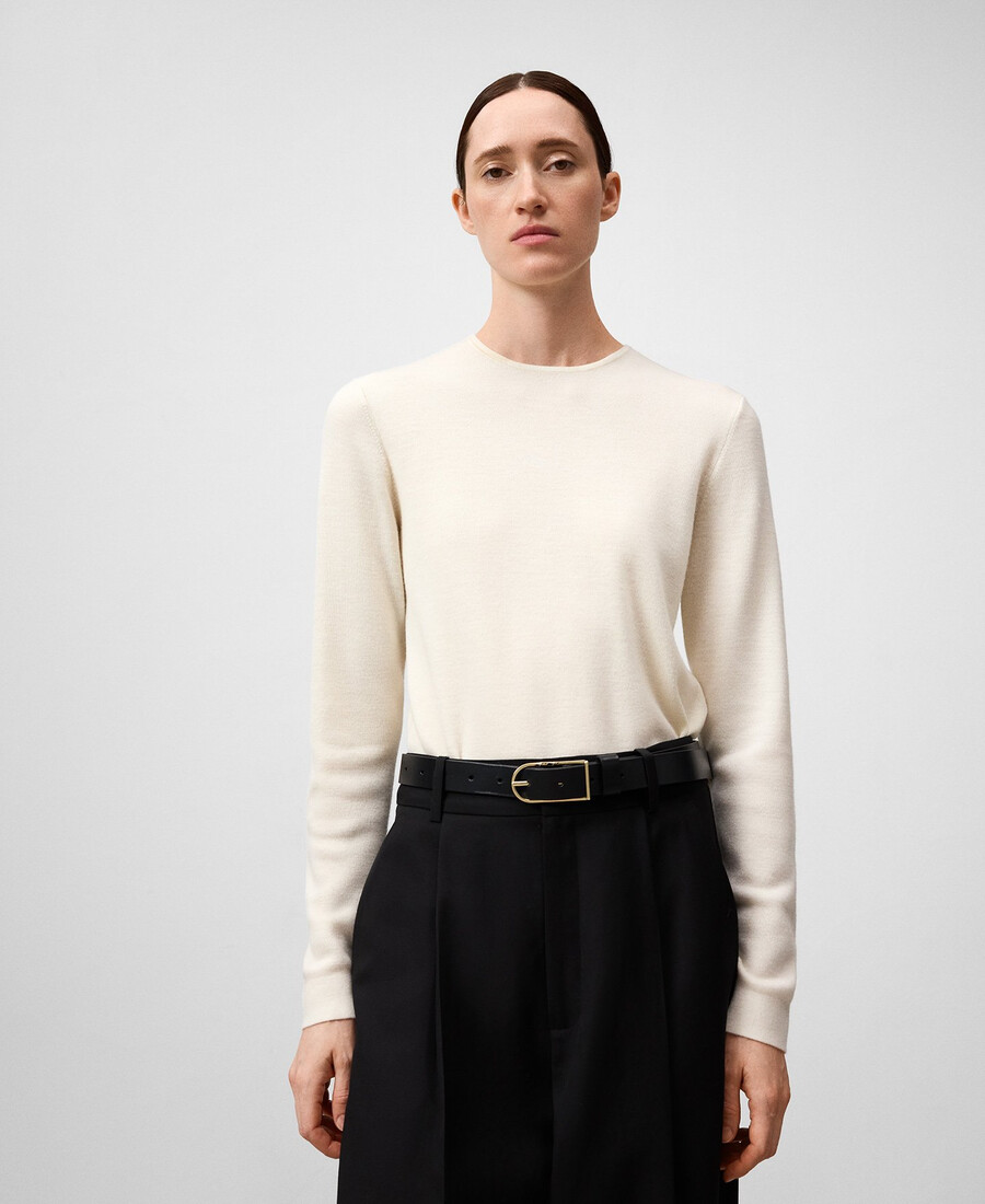 suéter de cuello redondo de lana merino para mujer