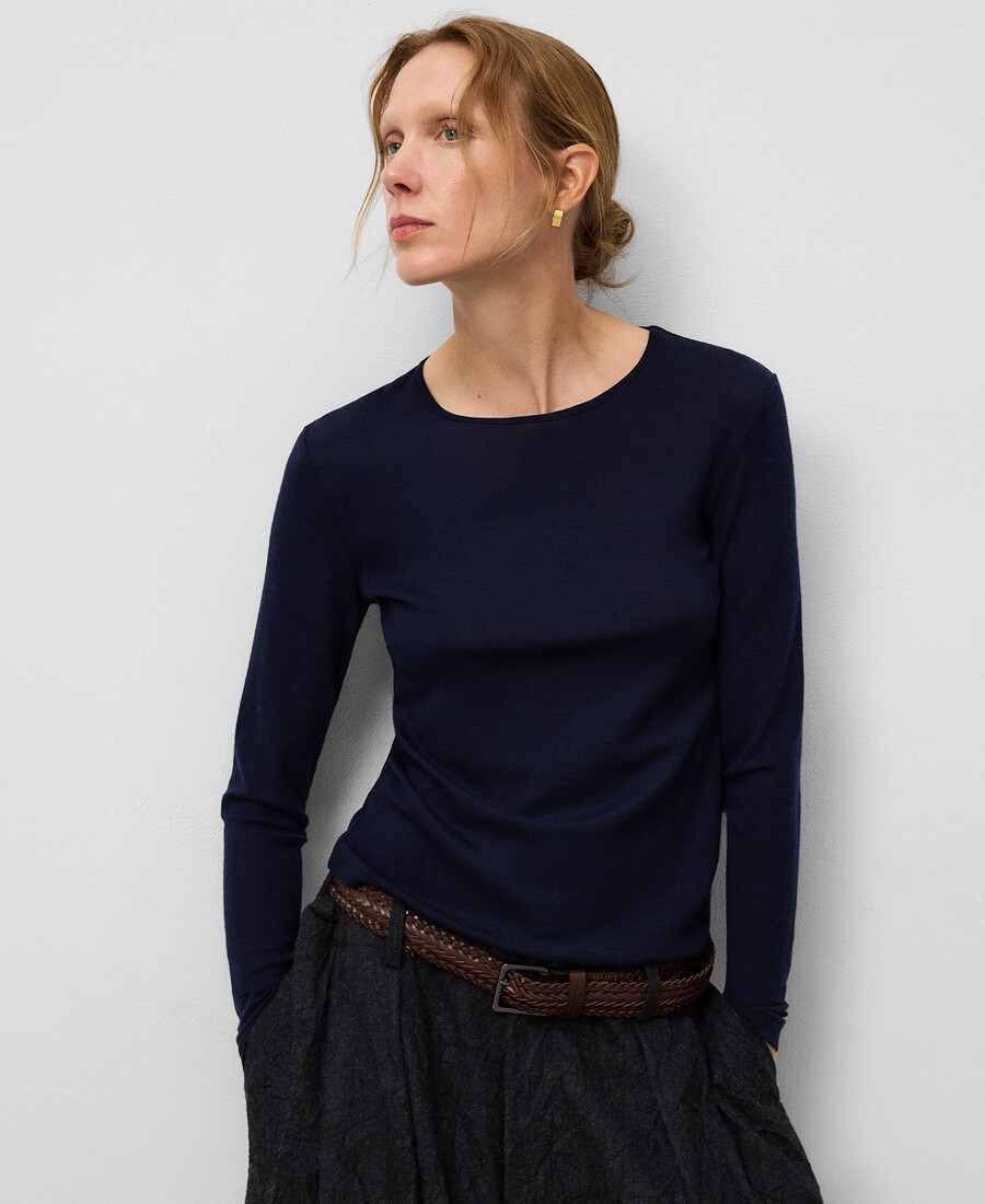 camiseta de cuello redondo de lana merino para mujer