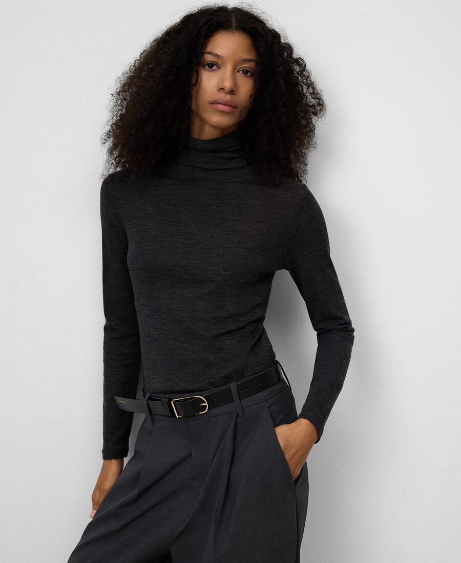 camiseta de cuello alto de lana merino para mujer