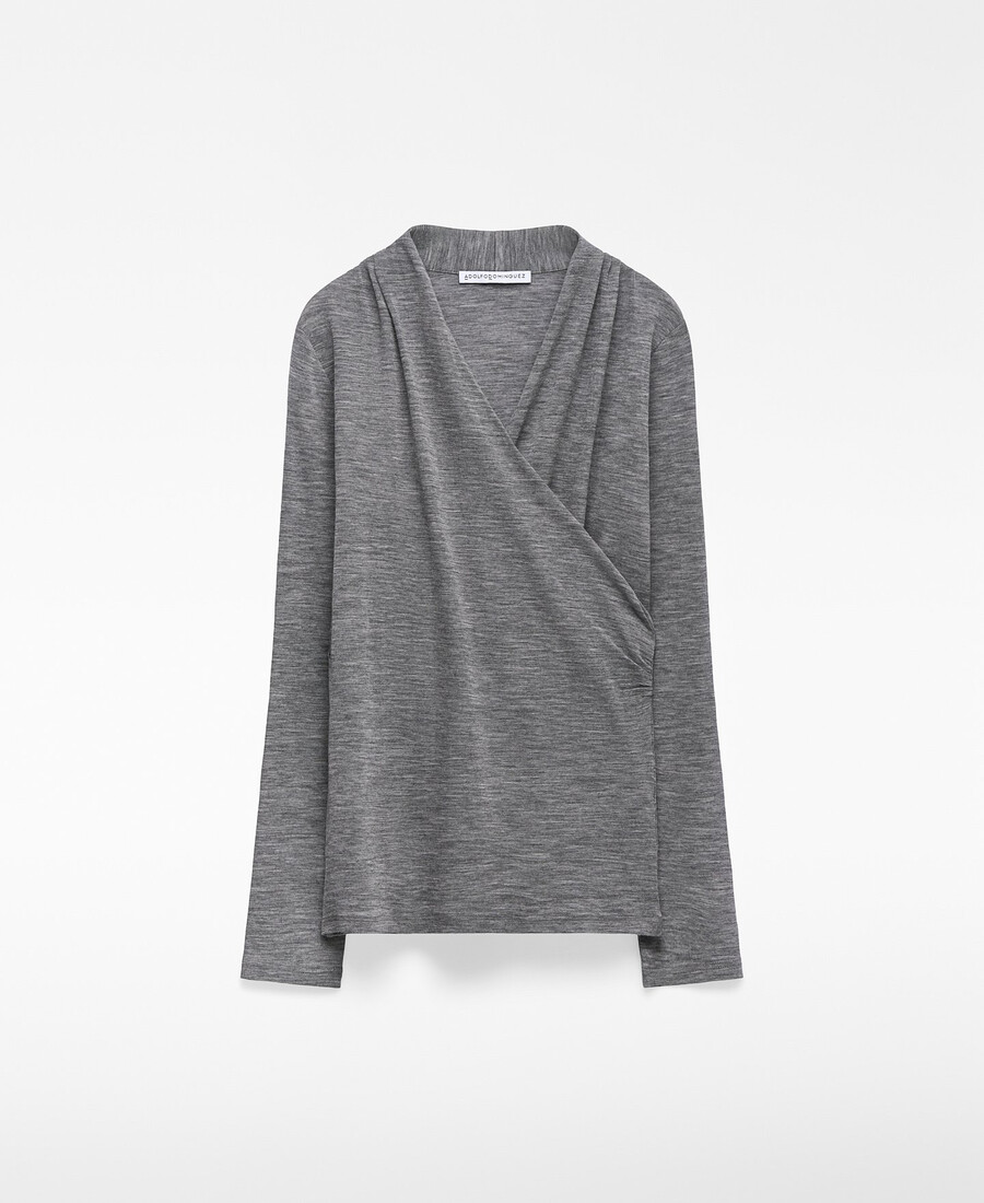 camiseta cruzada de lana merino para mujer
