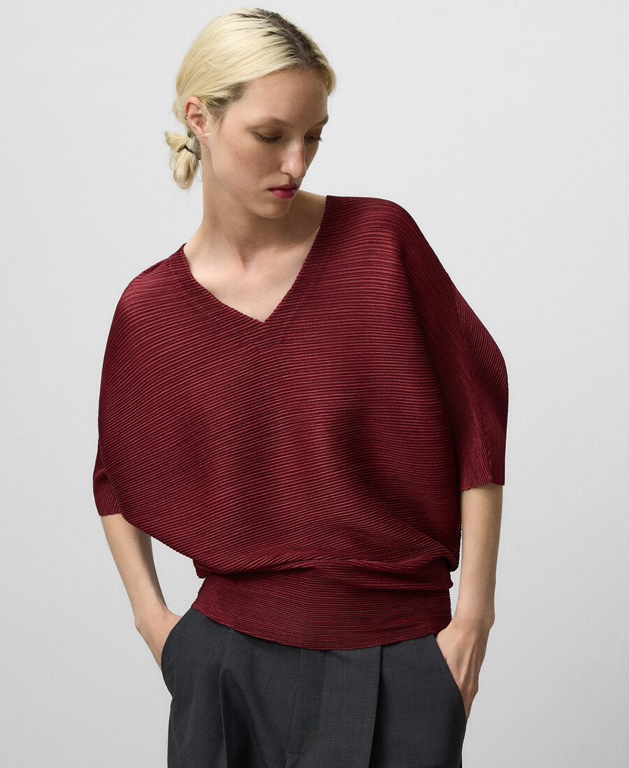 top arrugado con cuello en v para mujer