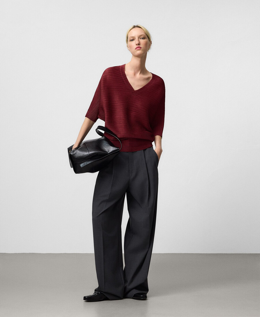 top arrugado con cuello en v para mujer