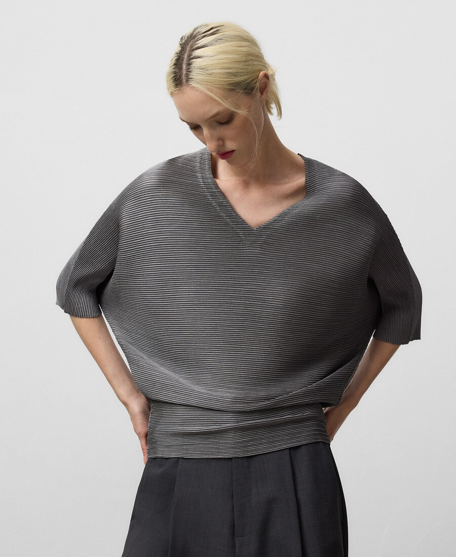 top arrugado con cuello en v para mujer
