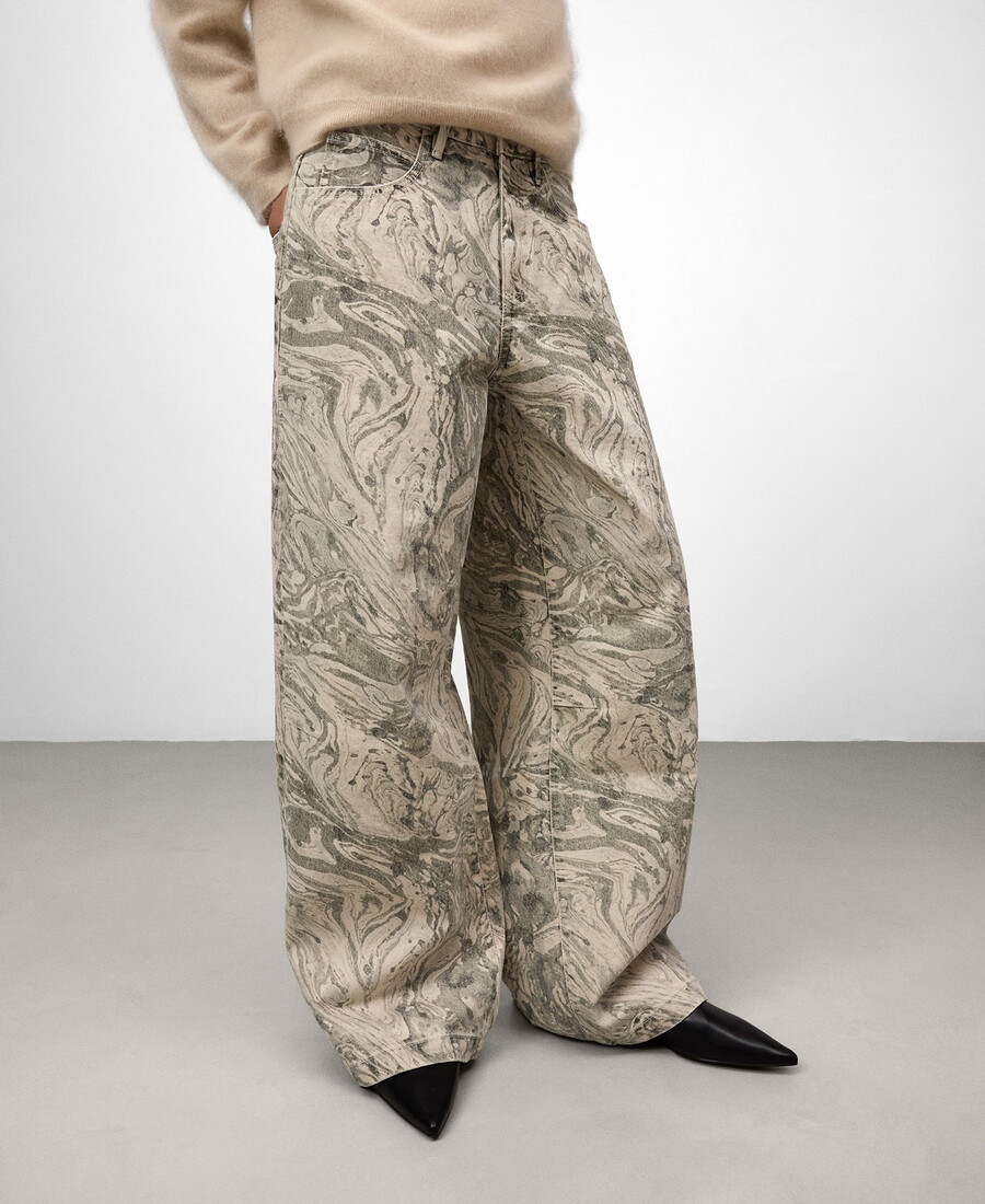 pantalón ancho de mezclilla estampado para mujer